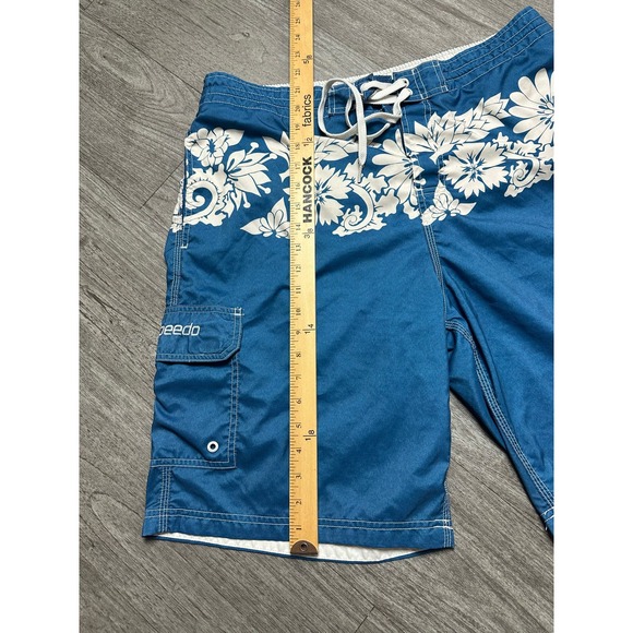 Speedo Blue White Hawaiian Floral Lined Swim Surf Board Shorts Men Size L - Picture 3 of 5